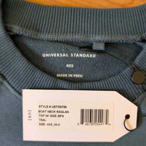 Universal Standard Boat Neck Raglan Sweatshirt 4XS NWT Teal Zip Detail - Picture 2 of 4